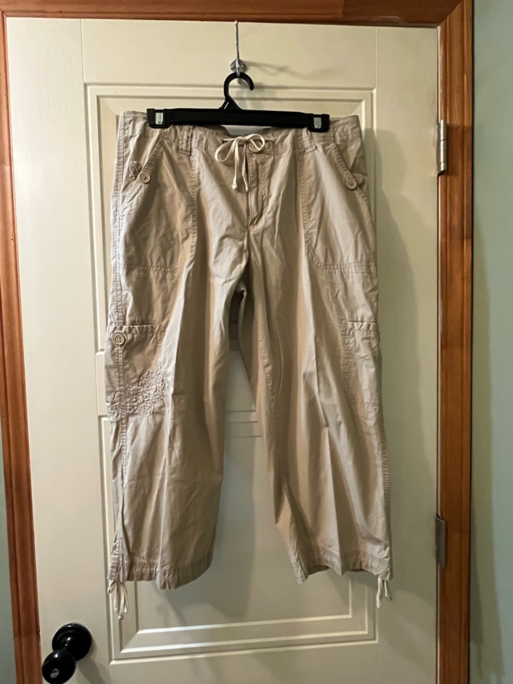 Women's Drawstring Cargo Capris in Beige